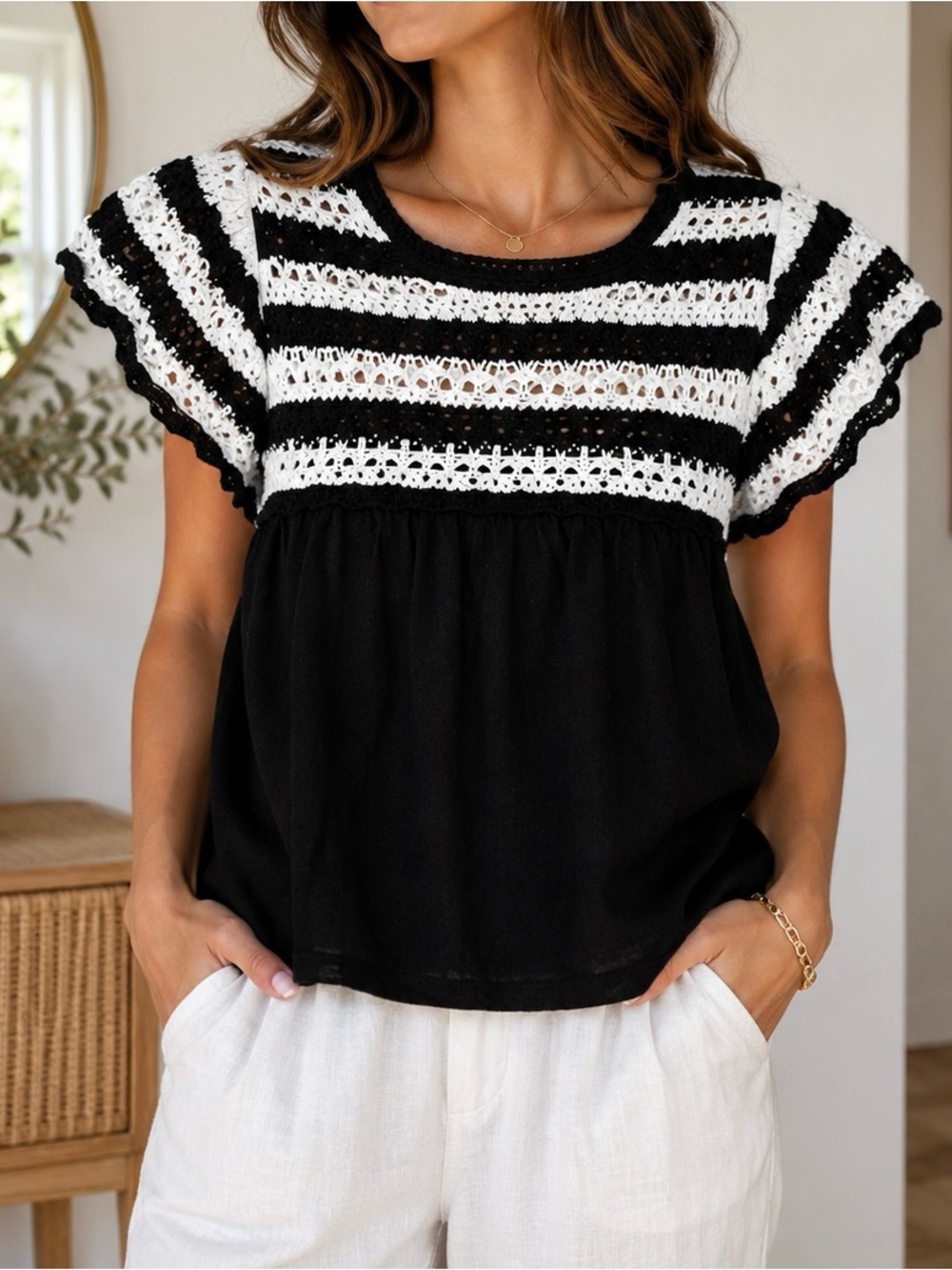 LOFT Crochet Ruffle Sleeve Babydoll Top – Size Small